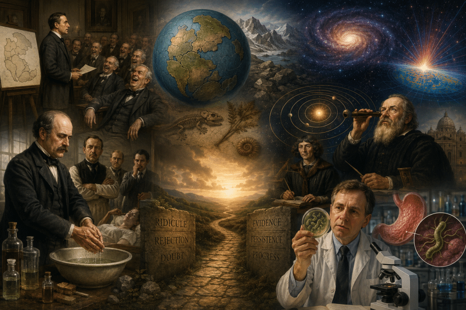 A montage of Victorian scientists and thinkers debating, with a path through ruins toward sunrise, symbolizing progress in science and reason.