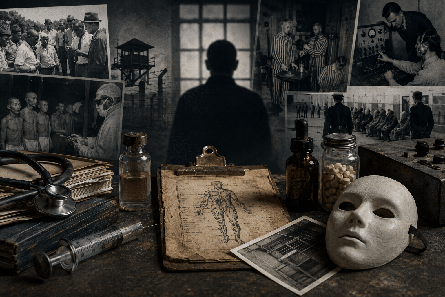 Vintage medical/forensic desk cluttered with a stethoscope, syringe, glass bottles, pills, a skeleton diagram, and a white mask against old photos in the background, suggesting a historical lab scene.